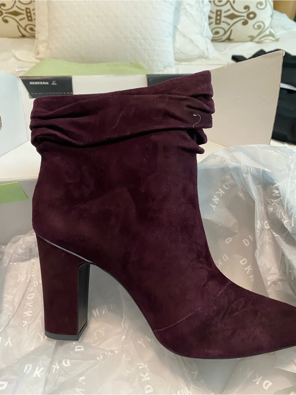 DKNY Plum Suede Ruched Ankle Boots
